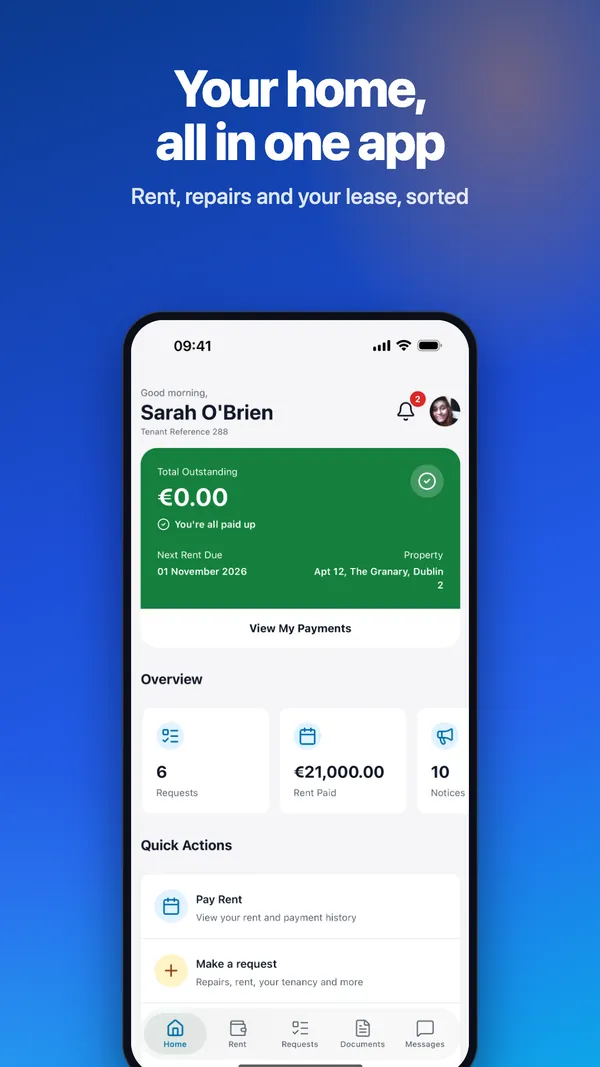 The Rentalize app home screen, showing the rent balance, next rent due date and quick actions