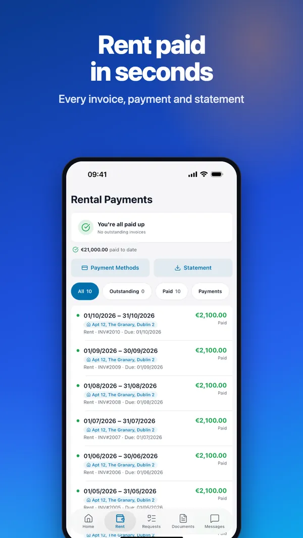 Rental payments screen with every invoice, its rent period and status